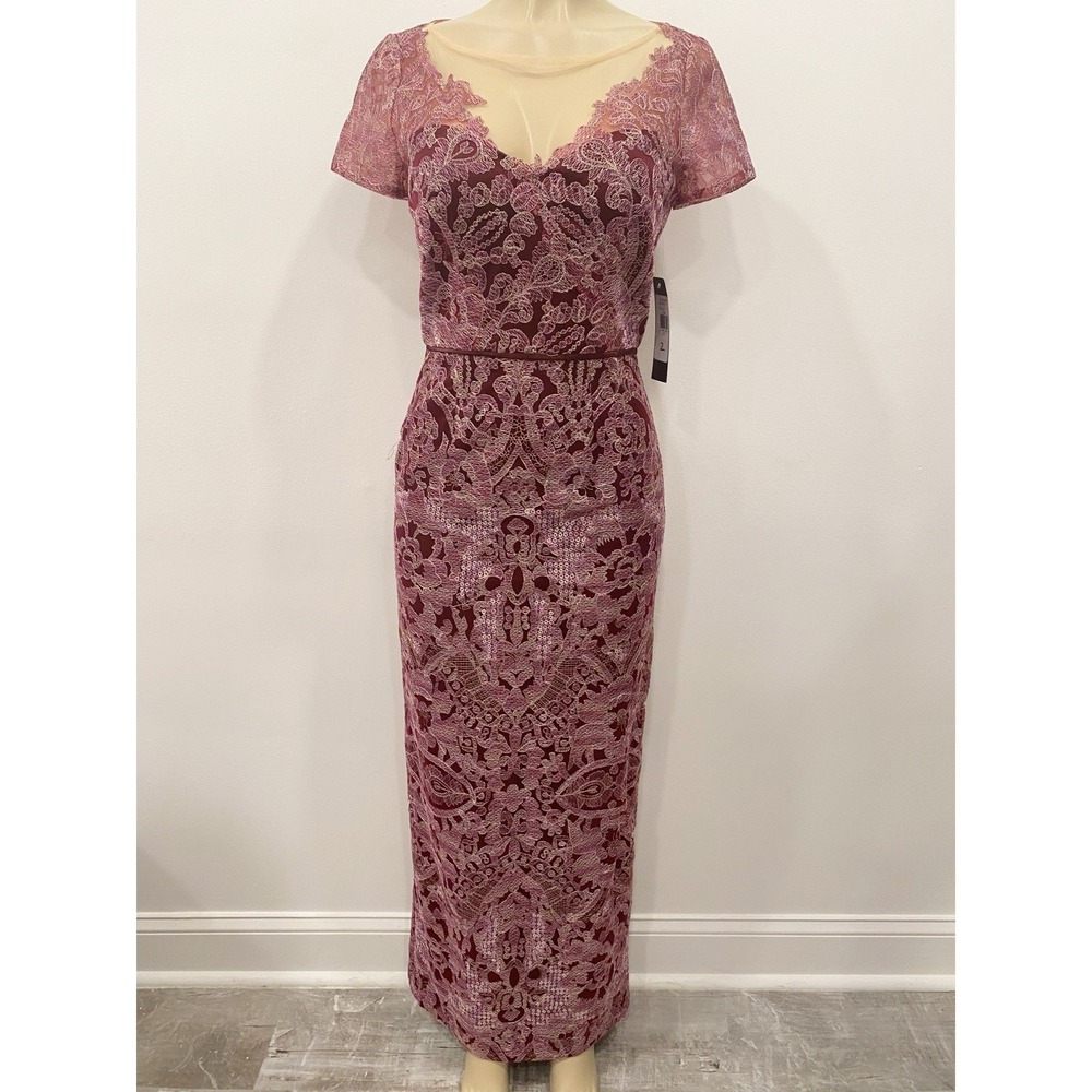 JS Collections Formal Gown Long SZ 2 Maroon Illusion‎ Lace Wedding Guest Dress